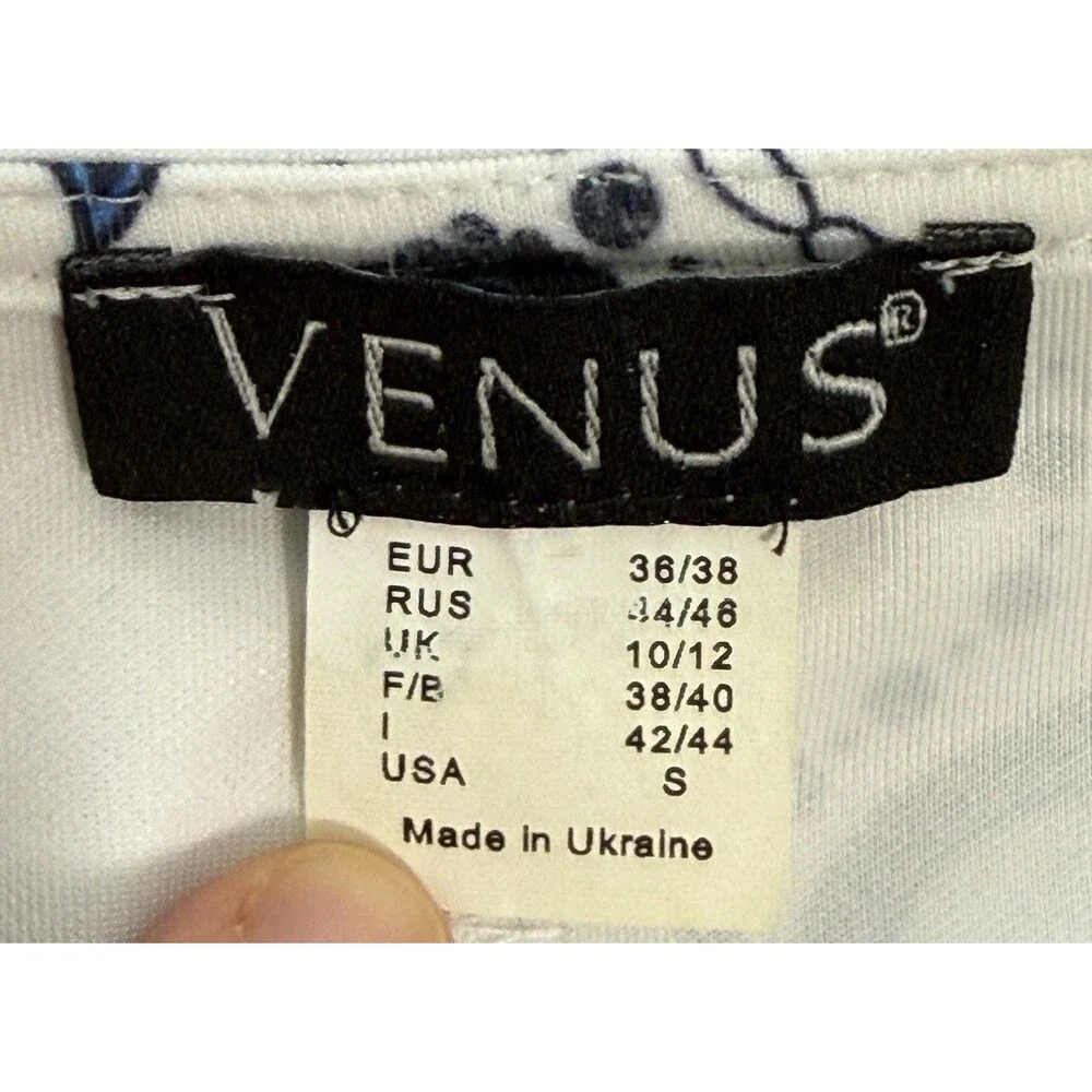 Women’s Ornate Blue White Medallion‎ Print A Line Dress Cap Sleeve Stretch Sz Sm